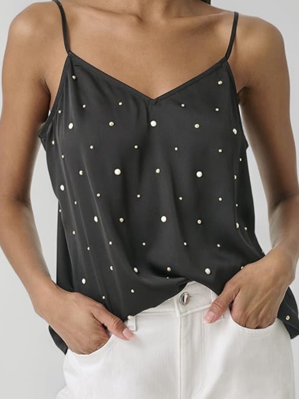Karl Lagerfeld Black Pearl Beaded V-Neck Camisole